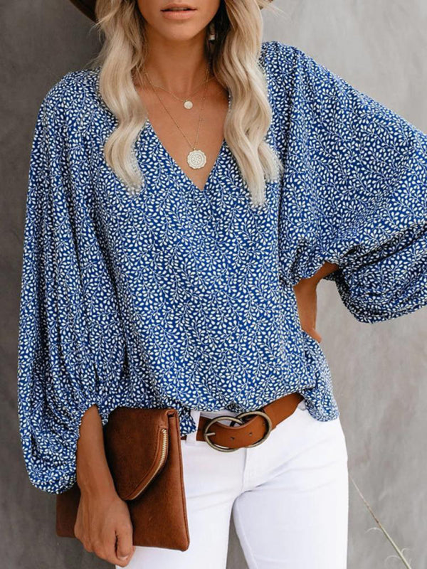 V-neck casual shirt printed lantern sleeve top women's clothing