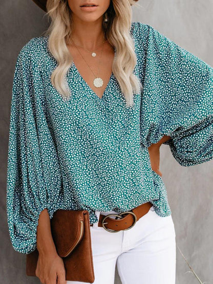 V-neck casual shirt printed lantern sleeve top women's clothing