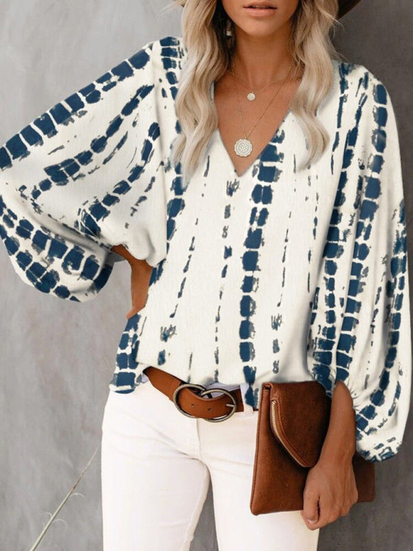 V-neck casual shirt printed lantern sleeve top women's clothing