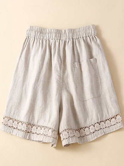 Women's woven cotton linen hollow lace loose shorts