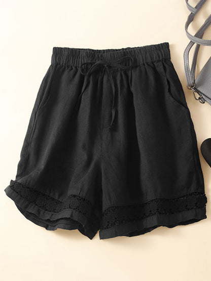 Women's woven cotton linen hollow lace loose shorts