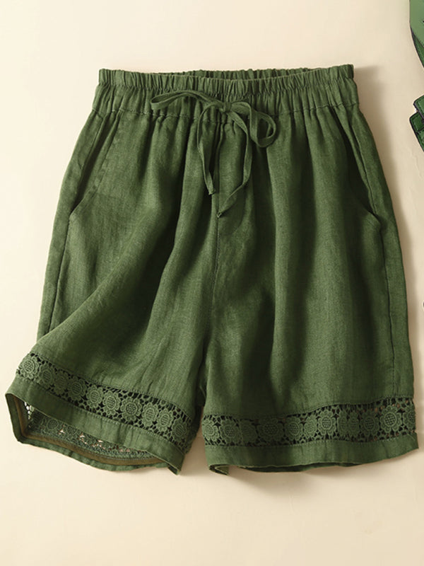 Women's woven cotton linen hollow lace loose shorts