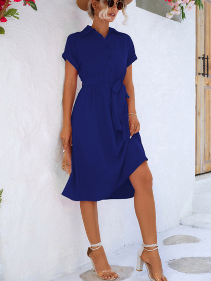 Elegant Casual Button Shirt Waist Tie Dress