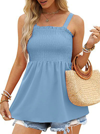 Women's Solid Color Camisole Ruffle Pleated Tank Top