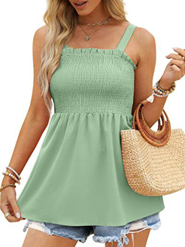 Women's Solid Color Camisole Ruffle Pleated Tank Top