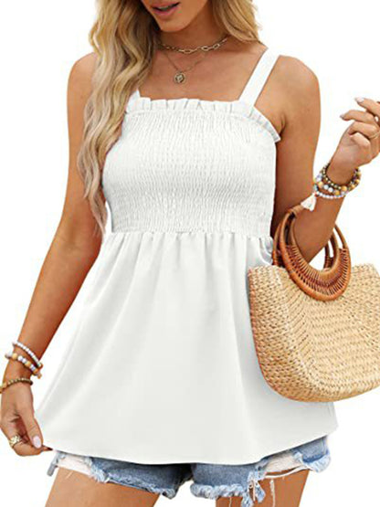 Women's Solid Color Camisole Ruffle Pleated Tank Top