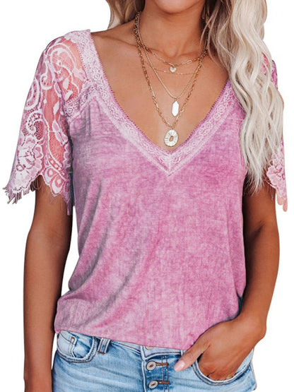 Short Sleeve V Neck Feather Lace Sleeve Blouse