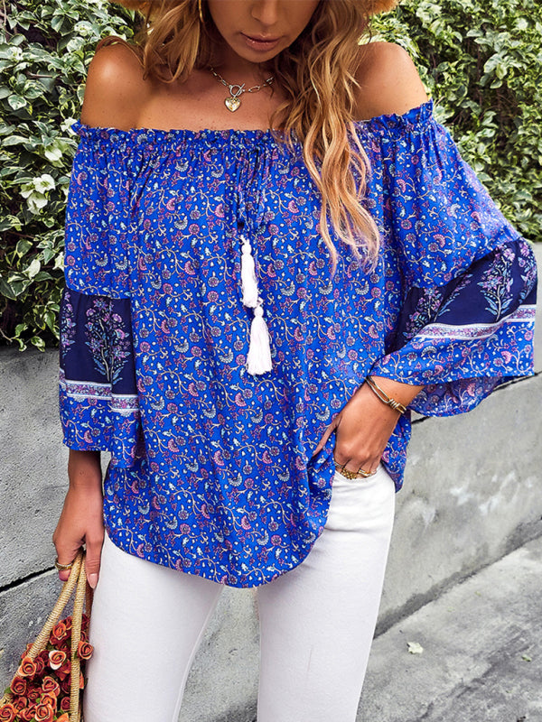 Women's Bohemian Print Loose Off Shoulder Shirt