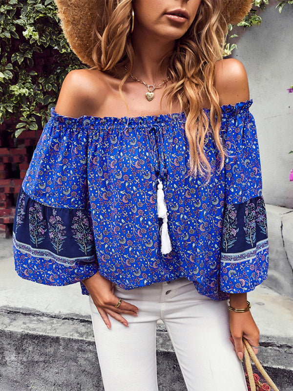 Women's Bohemian Print Loose Off Shoulder Shirt