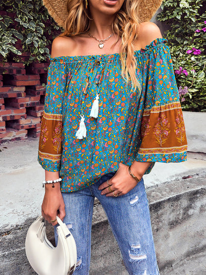 Women's Bohemian Print Loose Off Shoulder Shirt