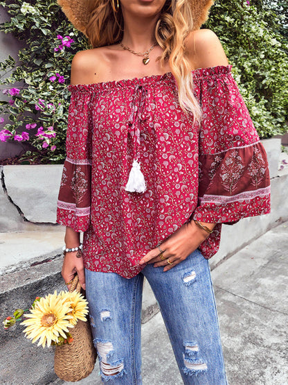 Women's Bohemian Print Loose Off Shoulder Shirt