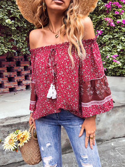 Women's Bohemian Print Loose Off Shoulder Shirt