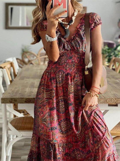 Bohemian style new one-piece long dress waist floral print large swing dress