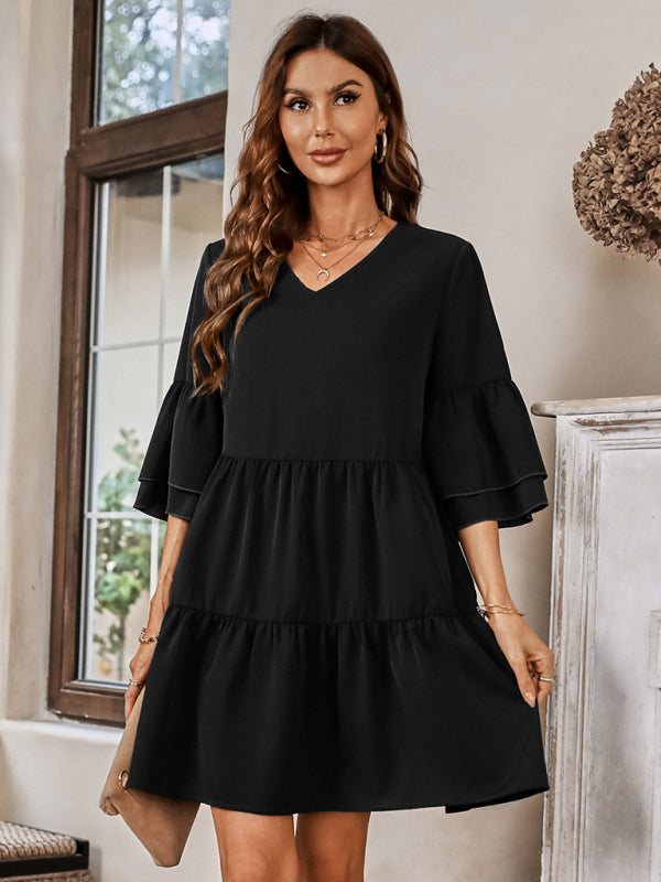 Women's fashion V-neck solid color loose dress for women