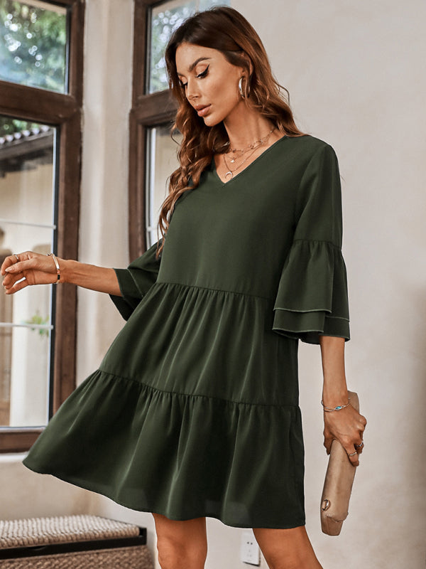 Women's fashion V-neck solid color loose dress for women