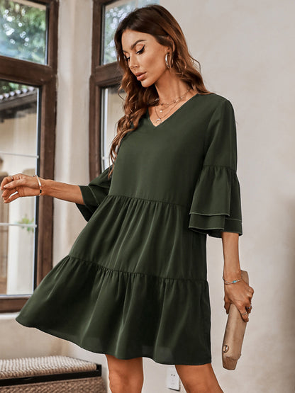 Women's fashion V-neck solid color loose dress for women