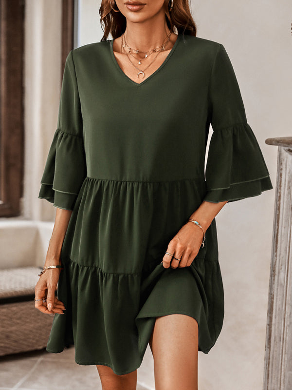 Women's fashion V-neck solid color loose dress for women