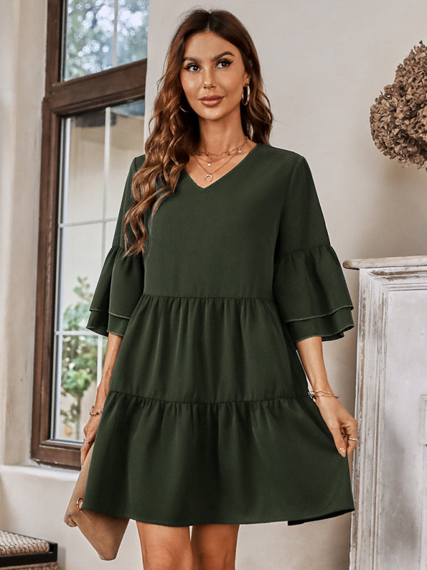 Women's fashion V-neck solid color loose dress for women