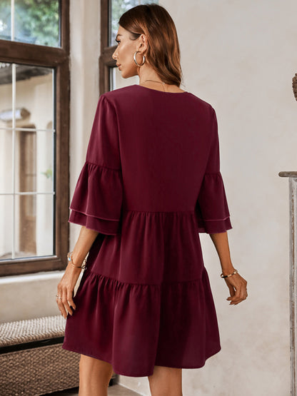 Women's fashion V-neck solid color loose dress for women