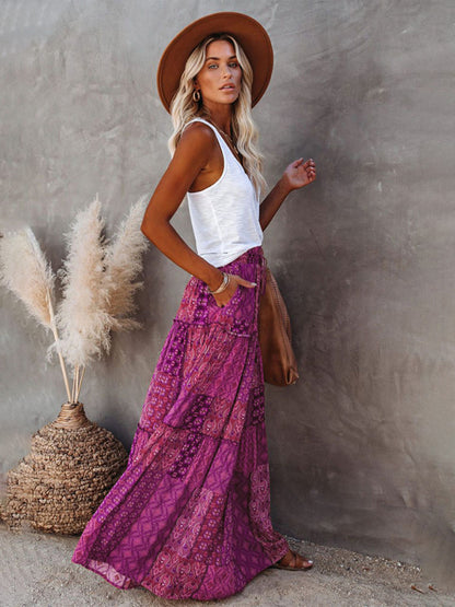 New Bohemian style skirt European and American loose casual high waist long skirt