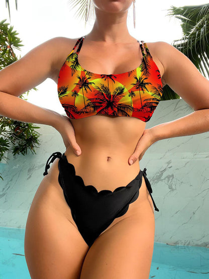 New Multicolor Coconut Tree Printing Laser Cut Flower Petals Bottoms Ladies Split Bikini Swimsuit