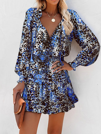 Women's Long Sleeve V Neck Fashion Printed Waist Dress