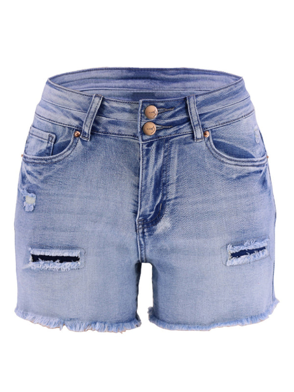 Women's High Waist Two Button Fashion Ripped Denim Shorts