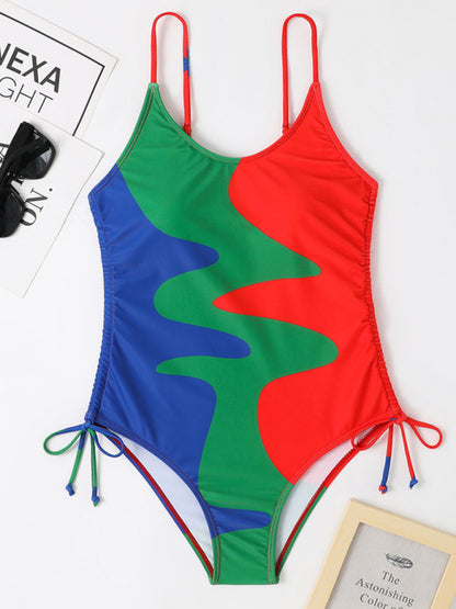 New One-Piece Swimsuit Multicolor Stitching Drawstring Corrugated Ladies Swimsuit