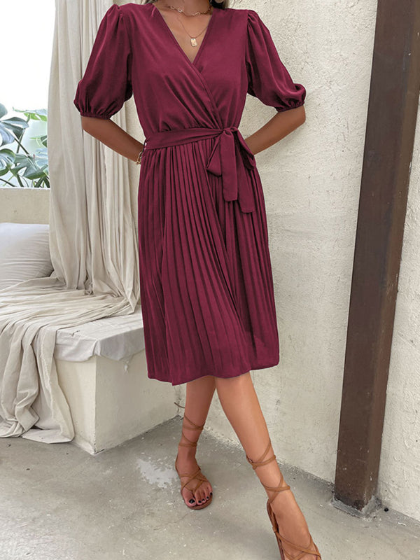 Women's Solid Color Tie V Neck Pleated Dress