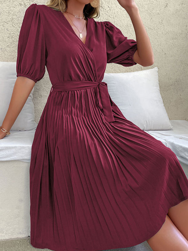 Women's Solid Color Tie V Neck Pleated Dress