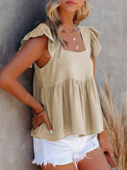 Women's Solid Color Casual Square Neck Fly Fly Sleeve Top