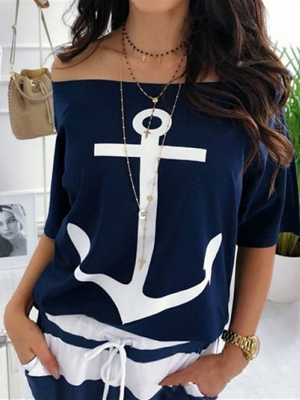 Casual loose one-shoulder bat shirt print T-shirt