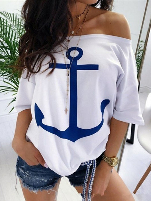 Casual loose one-shoulder bat shirt print T-shirt