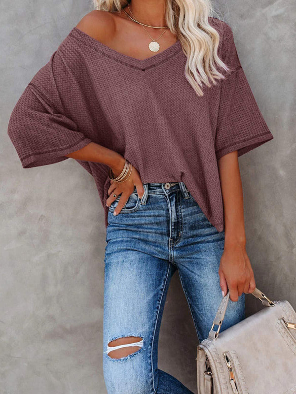 New V Neck Dolman Sleeve Waffle Knit Loose Solid Color Short Sleeve T-Shirt