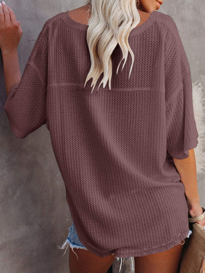 New V Neck Dolman Sleeve Waffle Knit Loose Solid Color Short Sleeve T-Shirt