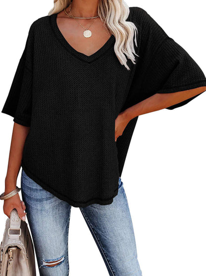 New V Neck Dolman Sleeve Waffle Knit Loose Solid Color Short Sleeve T-Shirt