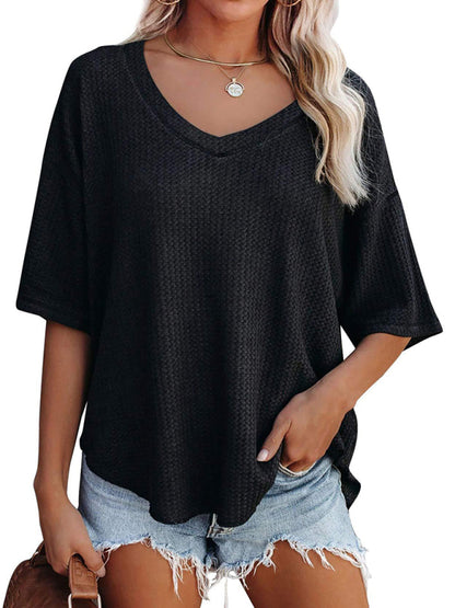 New V Neck Dolman Sleeve Waffle Knit Loose Solid Color Short Sleeve T-Shirt