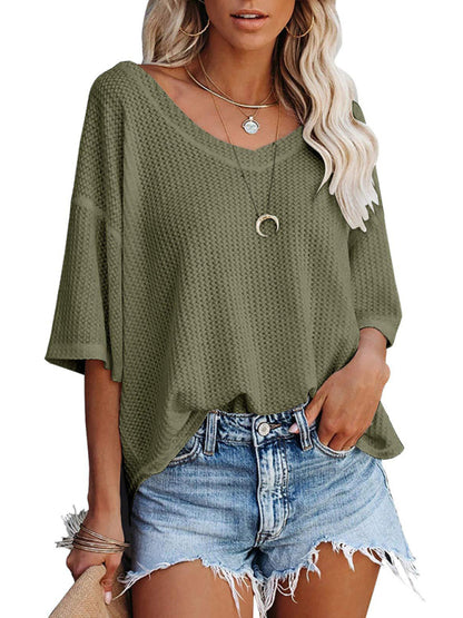 New V Neck Dolman Sleeve Waffle Knit Loose Solid Color Short Sleeve T-Shirt