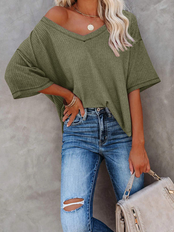 New V Neck Dolman Sleeve Waffle Knit Loose Solid Color Short Sleeve T-Shirt