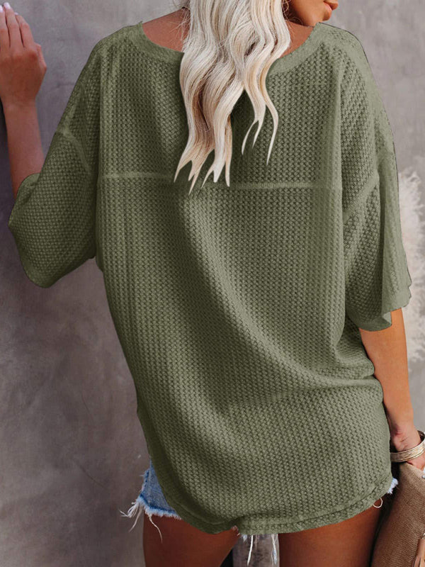 New V Neck Dolman Sleeve Waffle Knit Loose Solid Color Short Sleeve T-Shirt