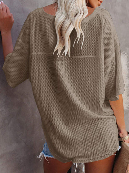 New V Neck Dolman Sleeve Waffle Knit Loose Solid Color Short Sleeve T-Shirt