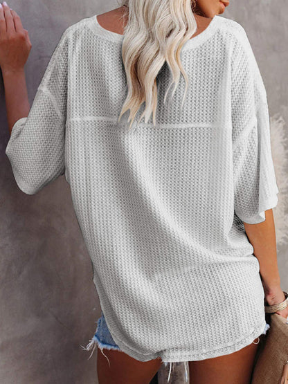 New V Neck Dolman Sleeve Waffle Knit Loose Solid Color Short Sleeve T-Shirt