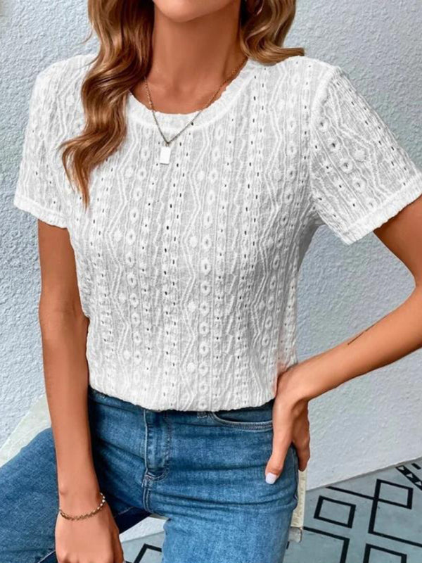 Women's Comfortable Fresh Sweet Round Neck Hollow Short Sleeve T-Shirt