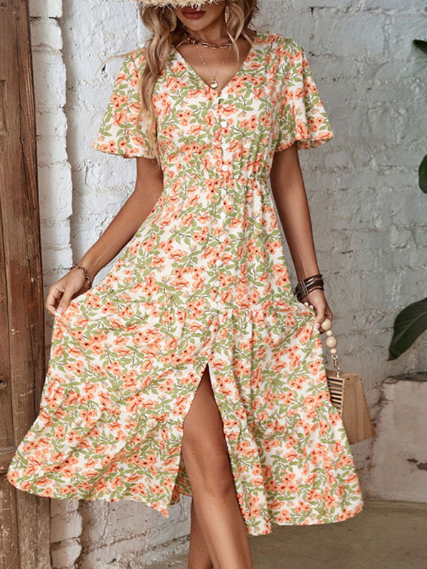 Fashion Casual Ladies Button Slit Floral Print Dress