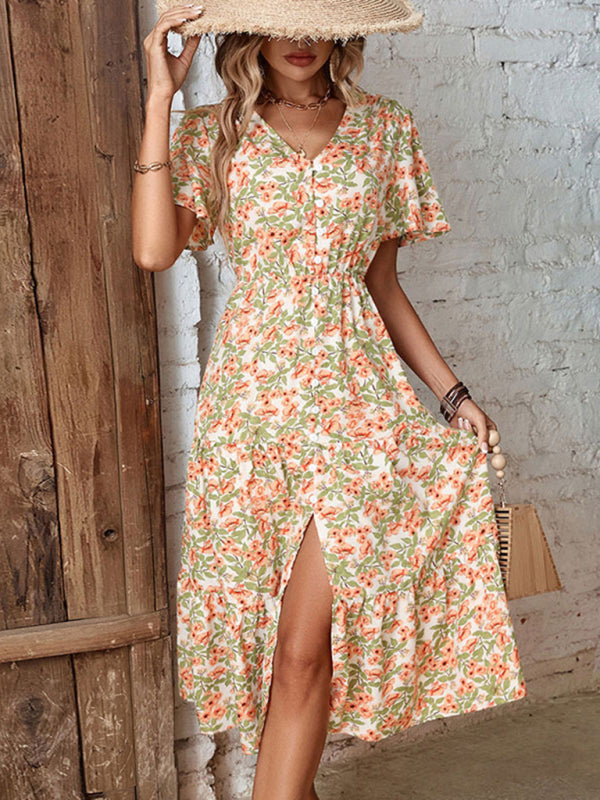 Fashion Casual Ladies Button Slit Floral Print Dress