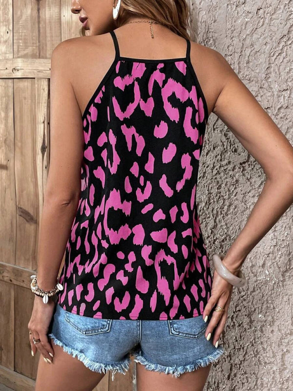 Women's V-neck leopard print stitching solid color camisole top