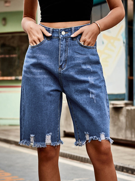 Summer new fashion ripped raw edge fringed five point jeans