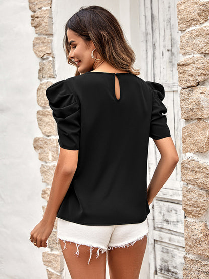 New solid color puff sleeve V-neck slim top