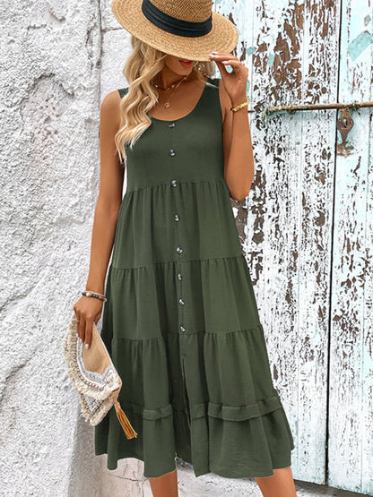 Summer new women's sleeveless slit solid color dress