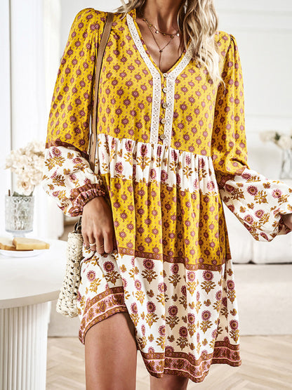 Holiday Loose Positioning Print Casual Bohemian Midi Dress